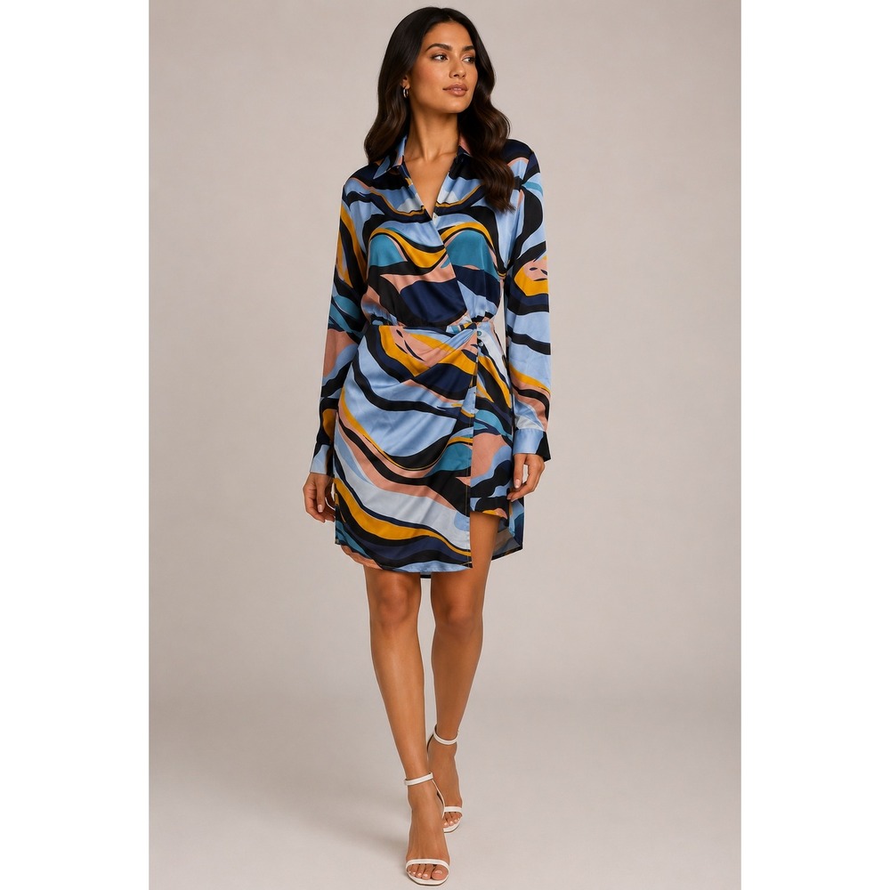 Entro Wrap Mini Dress Women M Retro Abstract Swirl Satin Long Sleeve D19181